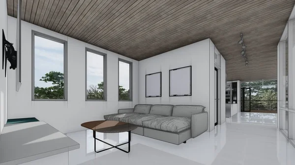 Boş model televizyon odası ve boş çerçeve fotoğraf masası kanepe iç taslak 3D çizim