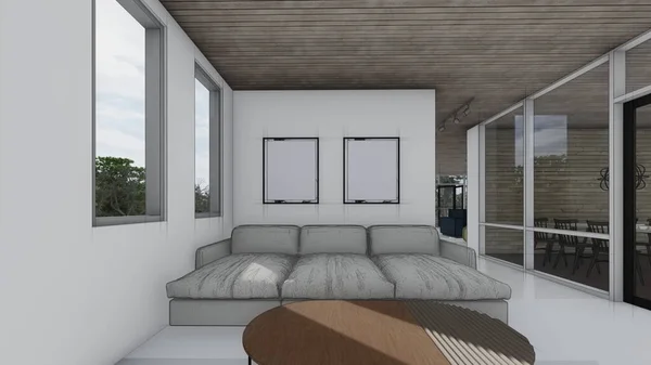 Boş model televizyon odası ve boş çerçeve fotoğraf masası kanepe iç taslak 3D çizim