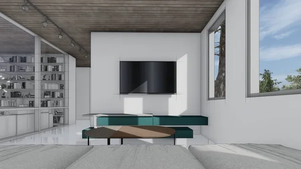 Boş model televizyon odası ve boş çerçeve fotoğraf masası kanepe iç taslak 3D çizim