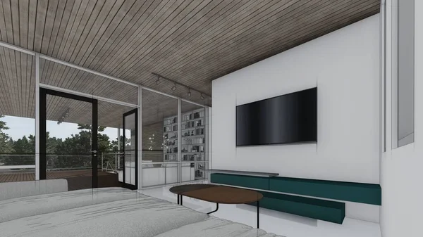 Boş model televizyon odası ve boş çerçeve fotoğraf masası kanepe iç taslak 3D çizim