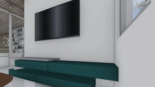 Boş model televizyon odası ve boş çerçeve fotoğraf masası kanepe iç taslak 3D çizim