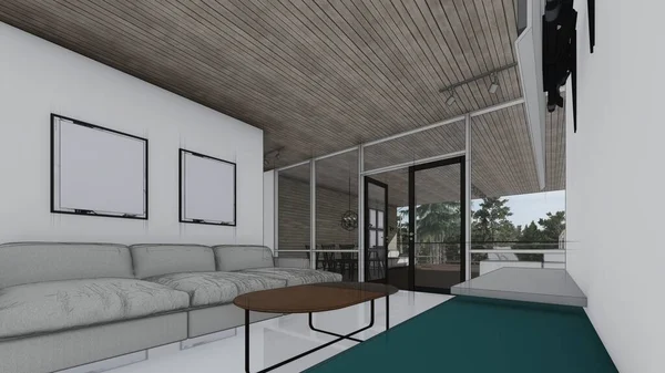 Boş model televizyon odası ve boş çerçeve fotoğraf masası kanepe iç taslak 3D çizim