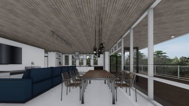 Ahşap yemek odası masa koltuğu lambası büyük pencere iç mekan modern ev konsepti çizim 3D illüstrasyon