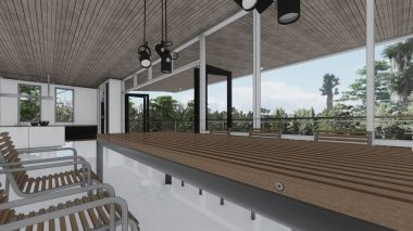 Ahşap yemek odası masa koltuğu lambası büyük pencere iç mekan modern ev konsepti çizim 3D illüstrasyon