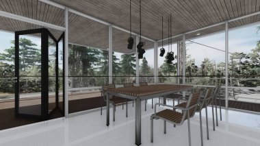 Ahşap yemek odası masa koltuğu lambası büyük pencere iç mekan modern ev konsepti çizim 3D illüstrasyon