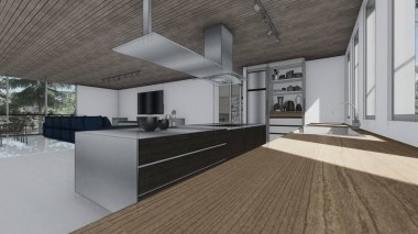Lüks mobilya gereçleri mutfak taslak iç tasarım modern ev tasarımı konsepti 3D illüstrasyon