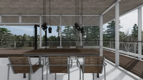 Madeira Sala Jantar Mesa Cadeira Lâmpada Grande Janela Interior Moderno — Fotografia de Stock