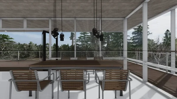 Ahşap yemek odası masa koltuğu lambası büyük pencere iç mekan modern ev konsepti çizim 3D illüstrasyon