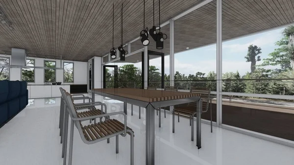 Madeira Sala Jantar Mesa Cadeira Lâmpada Grande Janela Interior Moderno — Fotografia de Stock