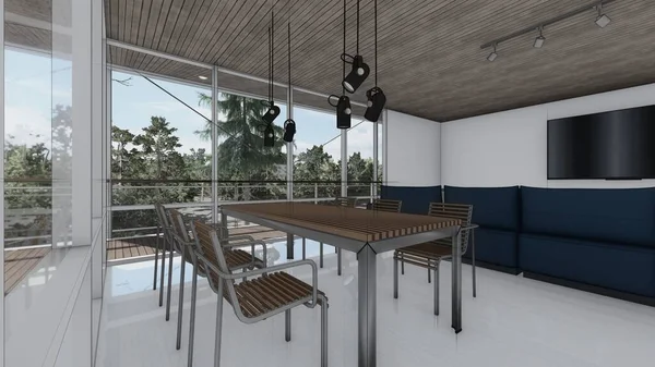 Ahşap yemek odası masa koltuğu lambası büyük pencere iç mekan modern ev konsepti çizim 3D illüstrasyon