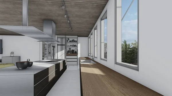 Luxury Furniture Utensils Kitchen Sketch Interior Modern Home Design Idea — ストック写真