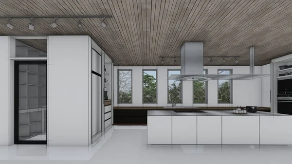 Πολυτελή Έπιπλα Σκεύη Κουζίνα Σκίτσο Εσωτερικό Σύγχρονο Σπίτι Σχεδιασμό Ιδέα — Φωτογραφία Αρχείου