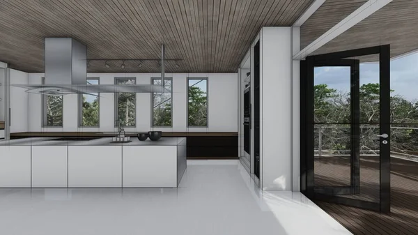 Lüks mobilya gereçleri mutfak taslak iç tasarım modern ev tasarımı konsepti 3D illüstrasyon