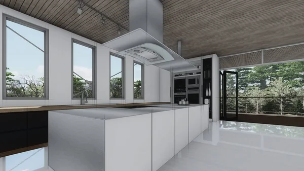 Lüks mobilya gereçleri mutfak taslak iç tasarım modern ev tasarımı konsepti 3D illüstrasyon