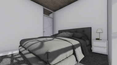 Yatak odası, yatak odası, yatak odası, yastık, masa, masa, pencere, üç boyutlu çizimler.