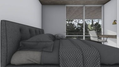 Yatak odası, yatak odası, yatak odası, yastık, masa, masa, pencere, üç boyutlu çizimler.