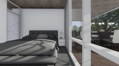 Yatak odası, yatak odası, yatak odası, yastık, masa, masa, pencere, üç boyutlu çizimler.