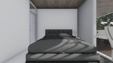 Yatak odası, yatak odası, yatak odası, yastık, masa, masa, pencere, üç boyutlu çizimler.