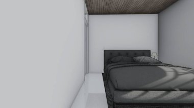 Yatak odası, yatak odası, yatak odası, yastık, masa, masa, pencere, üç boyutlu çizimler.