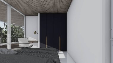 Yatak odası, yatak odası, yatak odası, yastık, masa, masa, pencere, üç boyutlu çizimler.