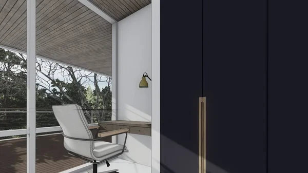 ベッドルームモダンなインテリアデザインテーブル枕ライティングデスク大きな窓の3Dイラスト — ストック写真