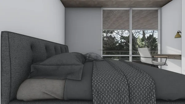 Yatak odası, yatak odası, yatak odası, yastık, masa, masa, pencere, üç boyutlu çizimler.