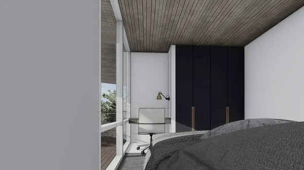 Спальня Современный Дизайн Интерьера Кроватью Стол Подушки Письменный Стол Большое — стоковое фото