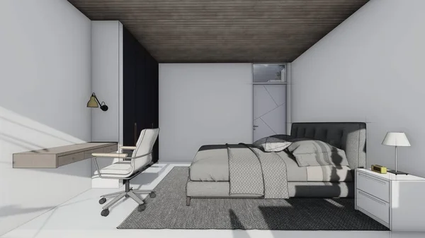 卧室现代室内设计床头柜枕头写字台大窗3D插图 — 图库照片