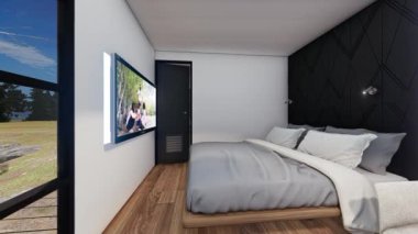 Karavan parkında modern mobil ev mimarisi tasarımı plaj güneşli animasyon