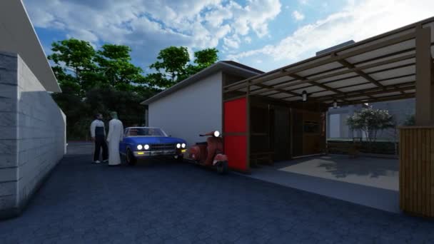 Casa Madeira Moderna Tropical Simples Com Garagem Pérgola Salão Livre — Vídeo de Stock