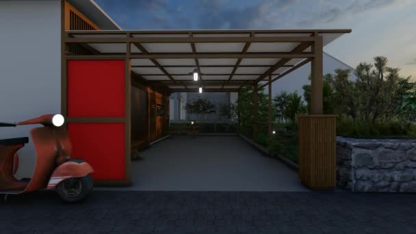 Casa Madeira Moderna Tropical Simples Com Garagem Pérgola Salão Livre — Vídeo de Stock