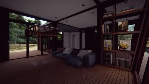 Modern Ahşap Mimarisi Yatak Odası Kitaplığı Mutfak Yemek Odası Animasyonu — Stok video