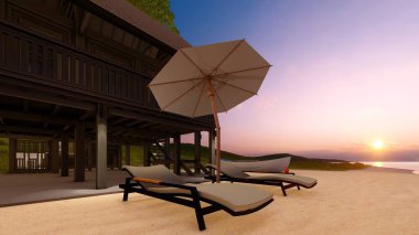 Plaj mimarisindeki tropik ahşap ev. 3D çizim.