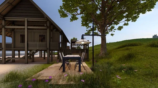 ビーチの熱帯木造住宅日当たりの良い建築デザイン3Dイラスト — ストック写真