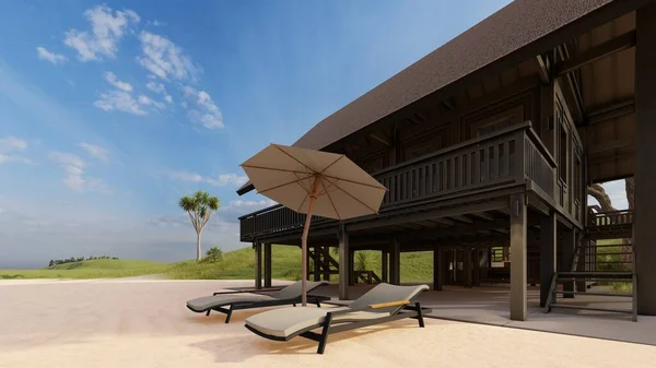 Tropický Dřevěný Dům Pláži Architektura Design Ilustrace — Stock fotografie