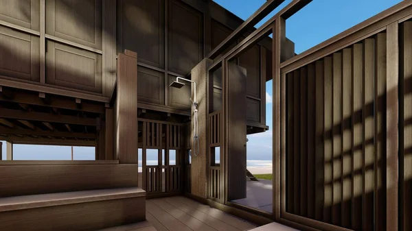 ビーチアーキテクチャデザインの熱帯木造住宅3Dイラスト — ストック写真