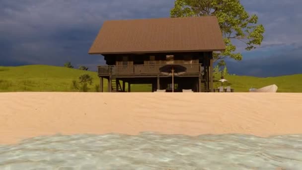 Sea Water Foreground Tropical Wooden House Architecture Design Beach Illustration — стоковое видео