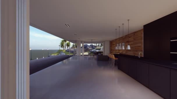 Gezellige Luxe Moderne Huis Keuken Uitzicht Zee Animatie — Stockvideo