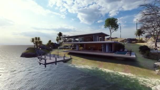 Luxus Modernes Haus Blick Vom Meer Animation — Stockvideo