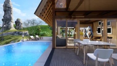  Tahta üçgen tatil evi ahşabı güneşli bir günde eşsiz bir yüzme havuzu, ahşap güverte, nehrin yanında. Yaya kaldırım bloğu, büyük taş. 3d canlandırma