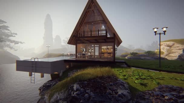 绿色河流边的木制房屋3D动画 — 图库视频影像