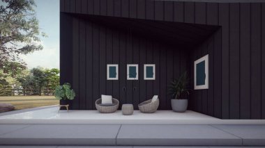 Boş fotoğraf çerçeveli siyah modern lüks evdeki açık hava salonu mimari tasarım 3D illüstrasyon