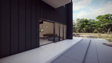 Geniş pencereli ve beton zemin 3D resimli ev