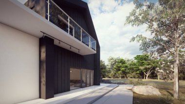 Pahalı ikametgah siyah lüks modern ev. Güneşli 3D resimli yeşil bahçe.