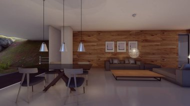 Lüks modern ev dış ve iç görünümü 3D illüstrasyon