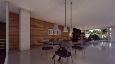 Lüks modern evin zarif iç mimarisi. Doğanın arka planında 3 boyutlu illüstrasyon var.