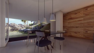 Lüks modern ev ve bahçe arkaplanının ahşap paneliyle akşam yemeği.