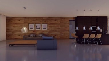 İç mekan 3D resimde boş fotoğraf çerçeveli güzel bir villa.