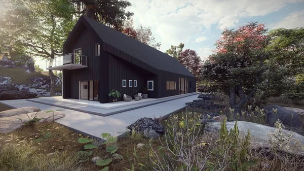 Ağaçların arka planında yeşil bahçesi olan modern siyah lüks ev manzarası. Minimalist mimari 3D illüstrasyon.