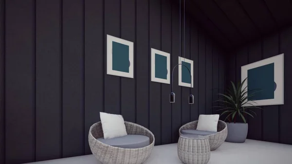 Boş çerçeveli ve beton zemin 3D resimli oturma odası terası